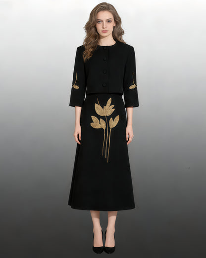 Black Jacket & Embellished Midi Skirt Set