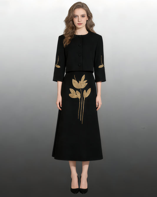 Black Jacket & Embellished Midi Skirt Set