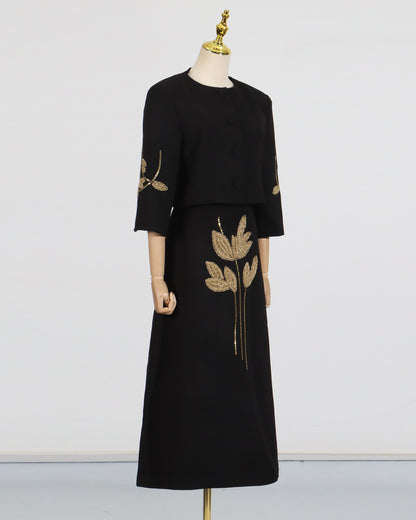 Black Jacket & Embellished Midi Skirt Set