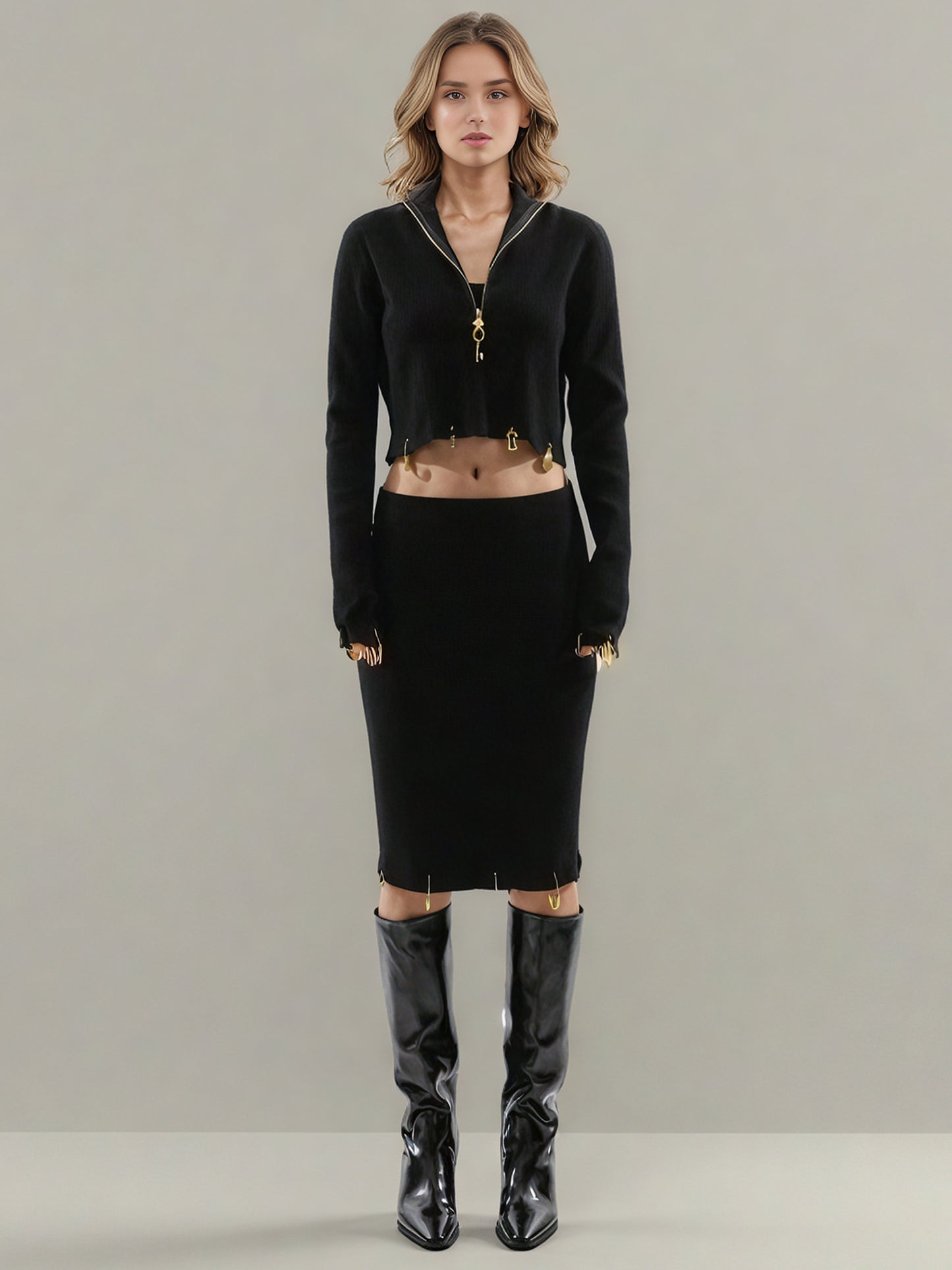 Black Knit Set with Gold Charm & Half-Zip Detailing