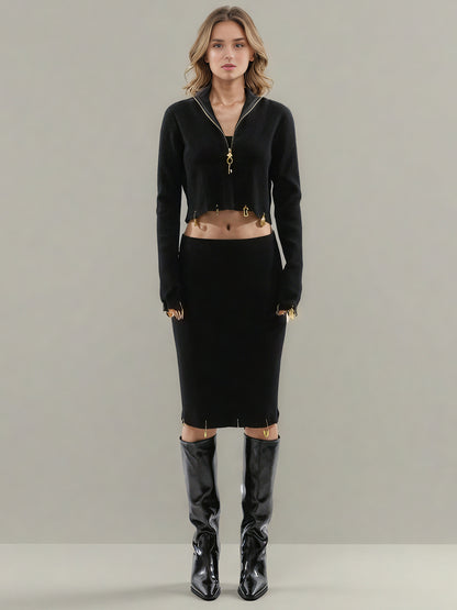 Black Knit Set with Gold Charm & Half-Zip Detailing