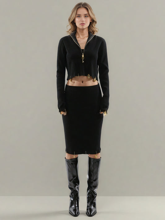 Black Knit Set with Gold Charm & Half-Zip Detailing