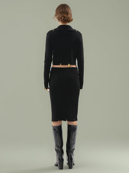 Black Knit Set with Gold Charm & Half-Zip Detailing