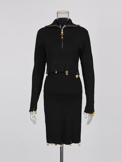 Black Knit Set with Gold Charm & Half-Zip Detailing