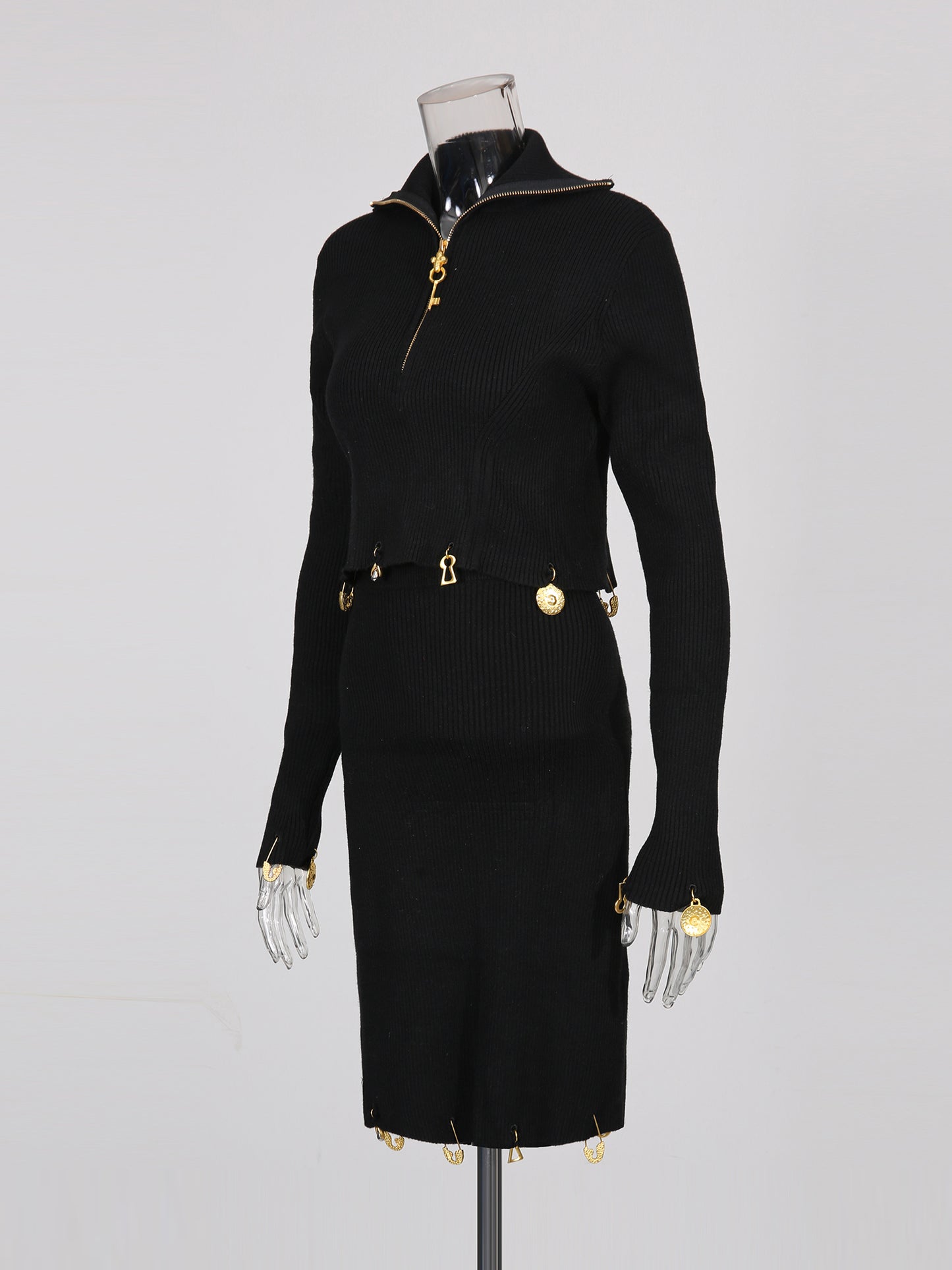 Black Knit Set with Gold Charm & Half-Zip Detailing