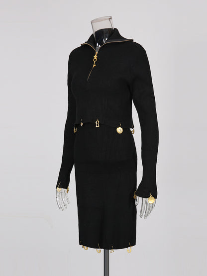 Black Knit Set with Gold Charm & Half-Zip Detailing