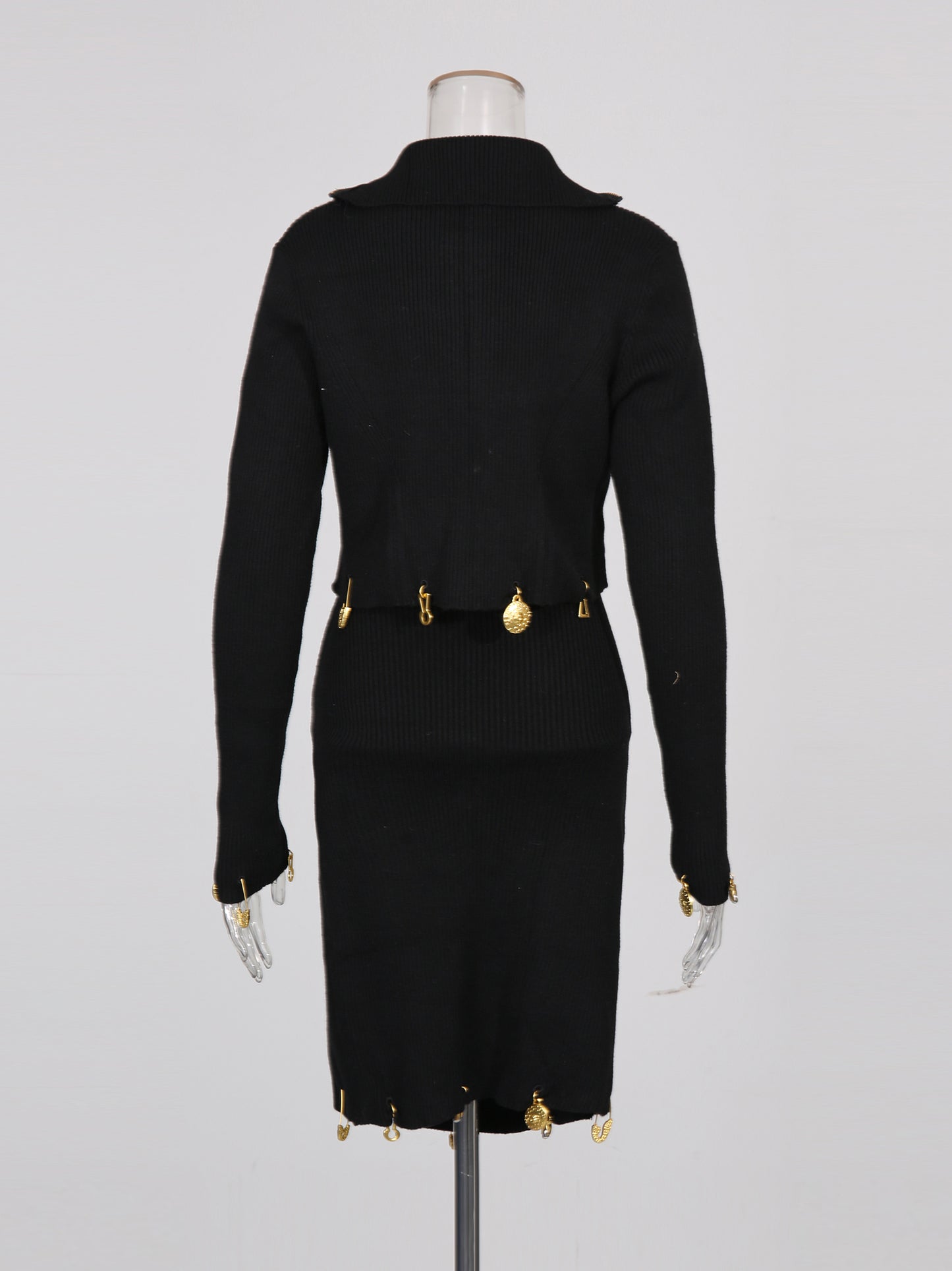 Black Knit Set with Gold Charm & Half-Zip Detailing