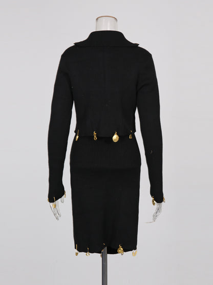 Black Knit Set with Gold Charm & Half-Zip Detailing