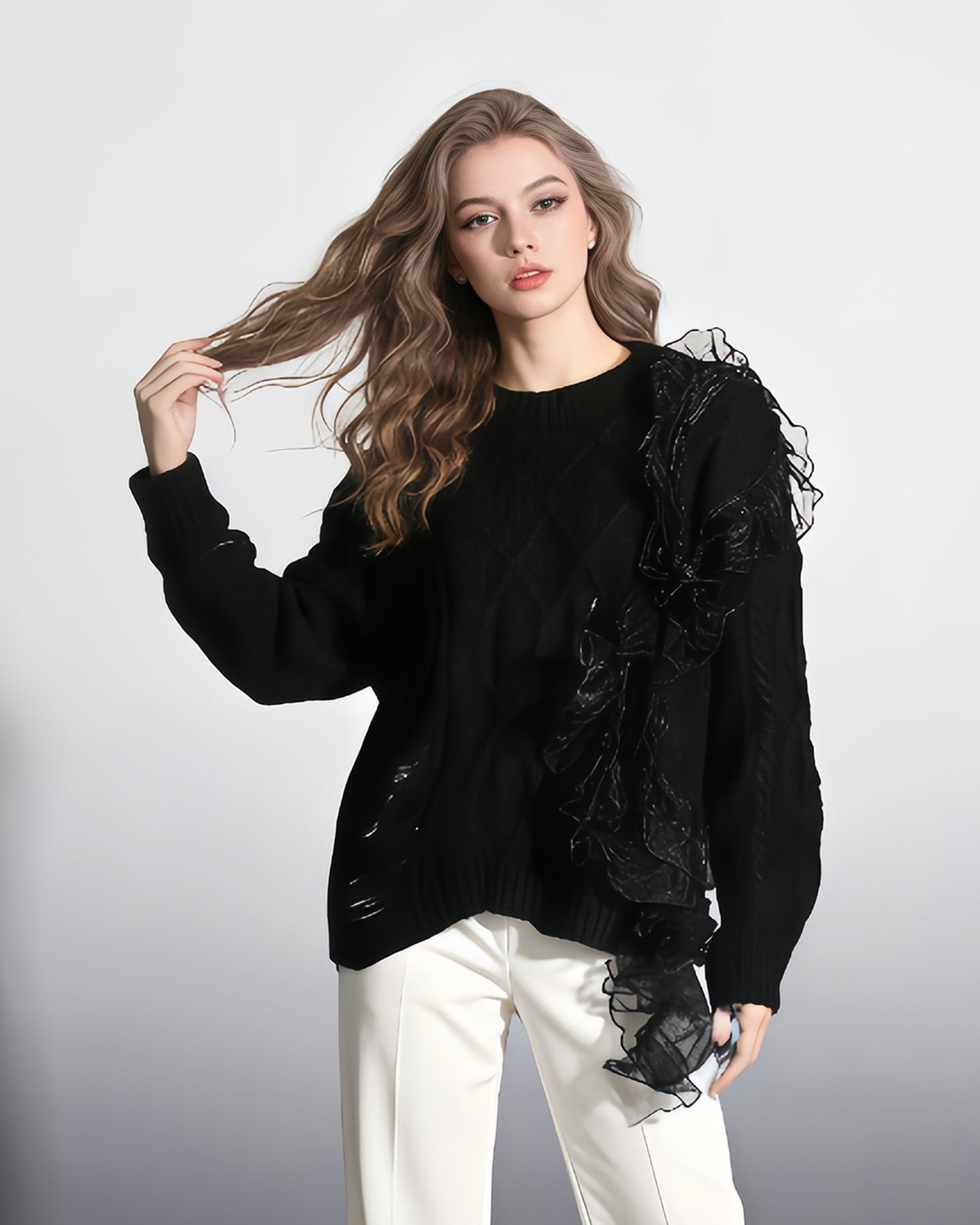 Black Knit Sweater with Sheer Ruffle Overlay