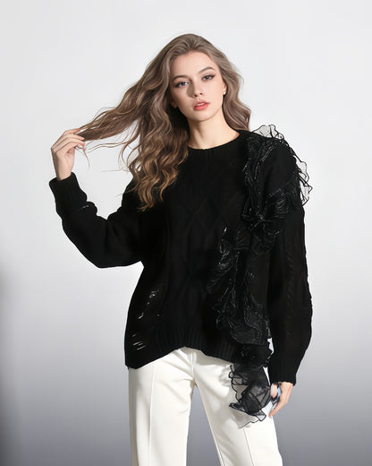Black Knit Sweater with Sheer Ruffle Overlay