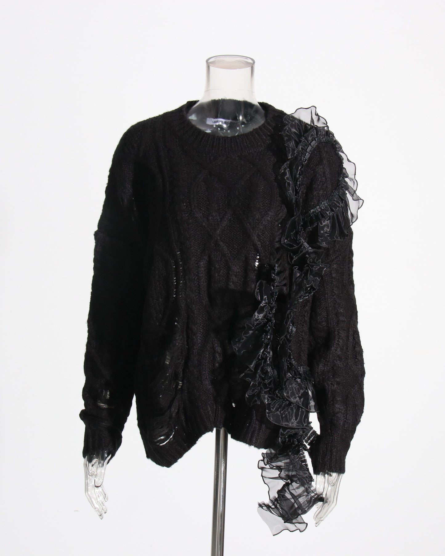 Black Knit Sweater with Sheer Ruffle Overlay