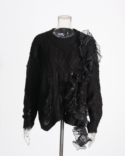 Black Knit Sweater with Sheer Ruffle Overlay