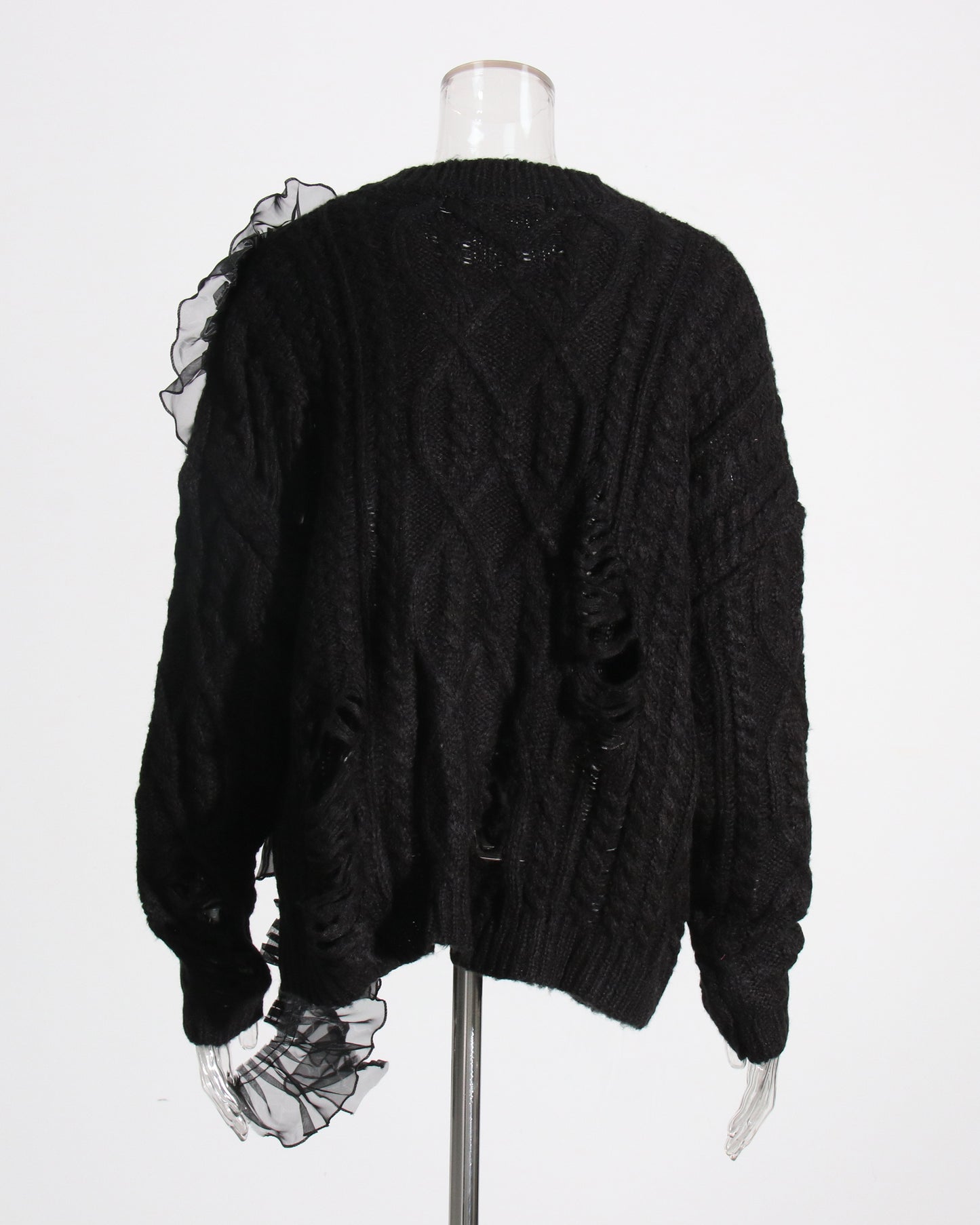 Black Knit Sweater with Sheer Ruffle Overlay