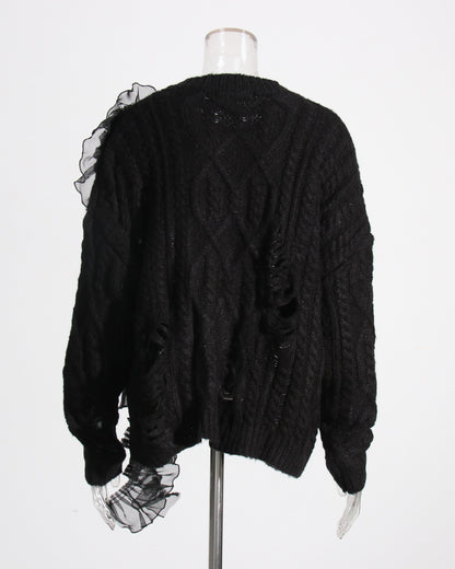 Black Knit Sweater with Sheer Ruffle Overlay