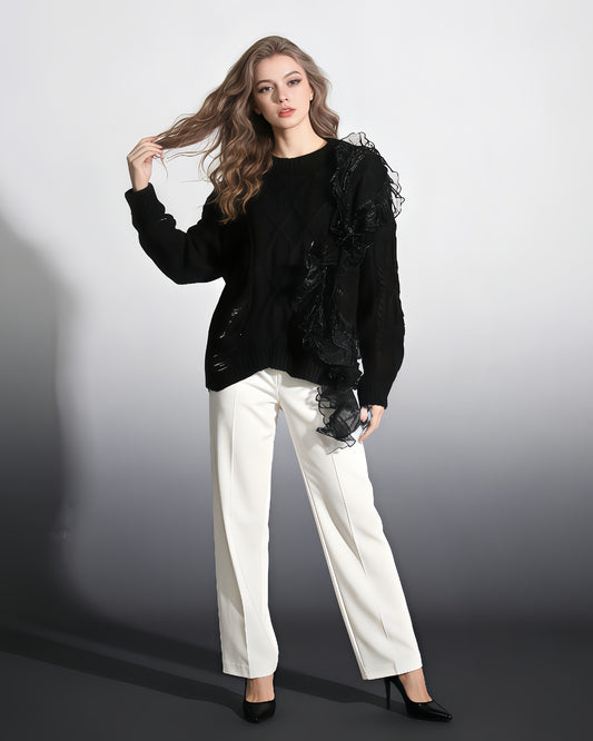 Black Knit Sweater with Sheer Ruffle Overlay