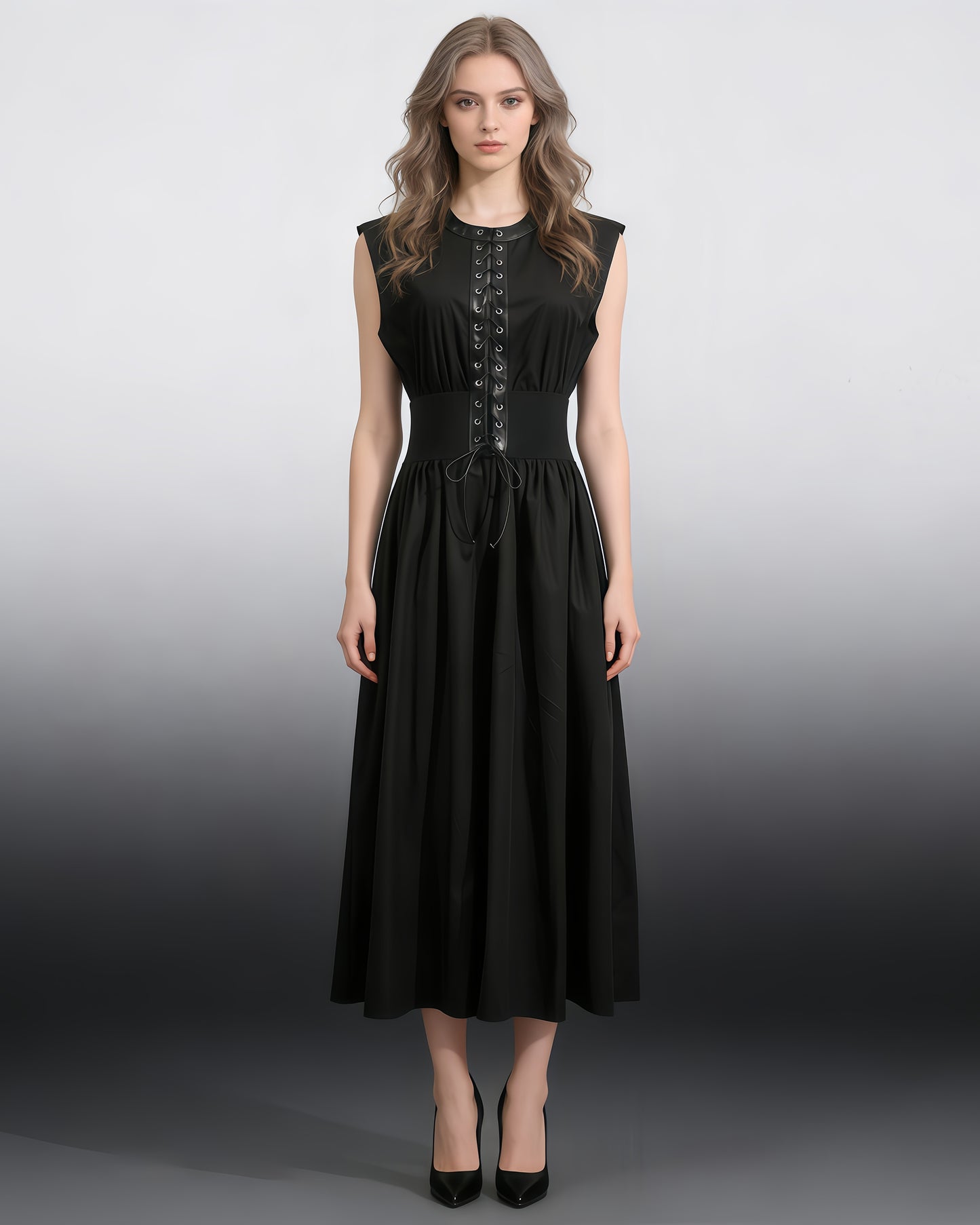 Black Lace-Up Waist Sleeveless Maxi Dress