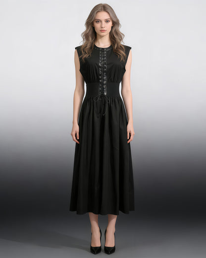Black Lace-Up Waist Sleeveless Maxi Dress
