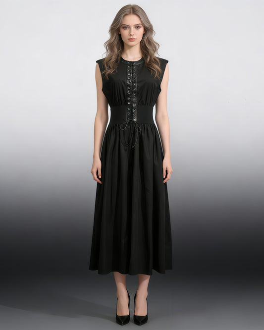 Black Lace-Up Waist Sleeveless Maxi Dress