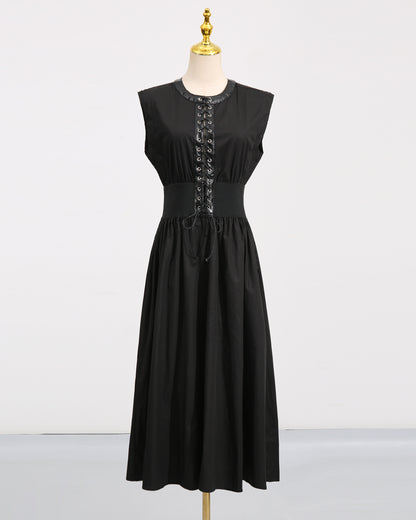 Black Lace-Up Waist Sleeveless Maxi Dress