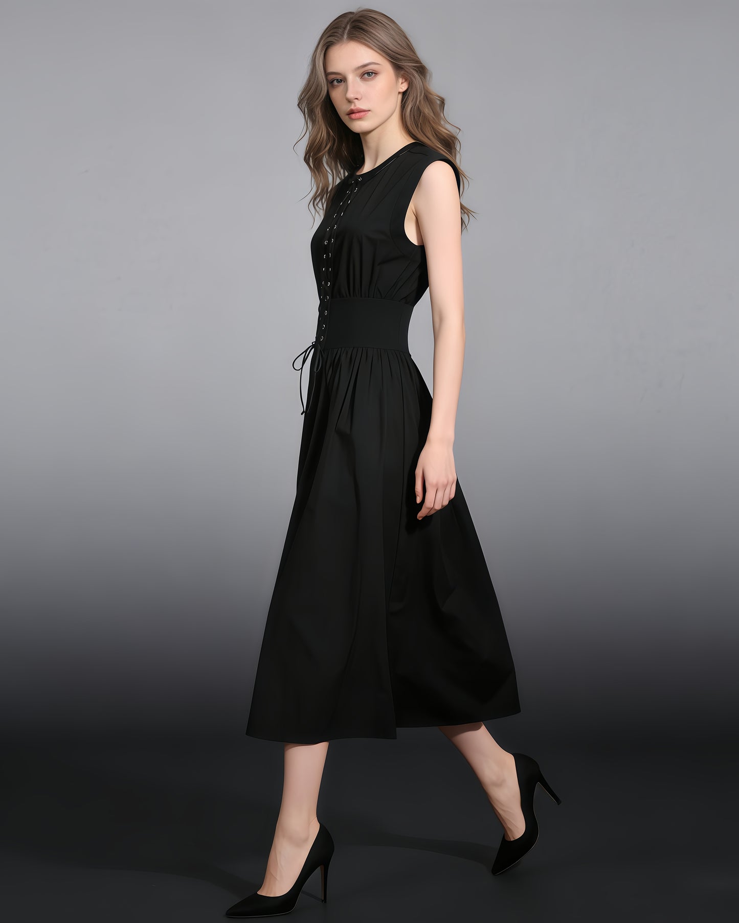 Black Lace-Up Waist Sleeveless Maxi Dress