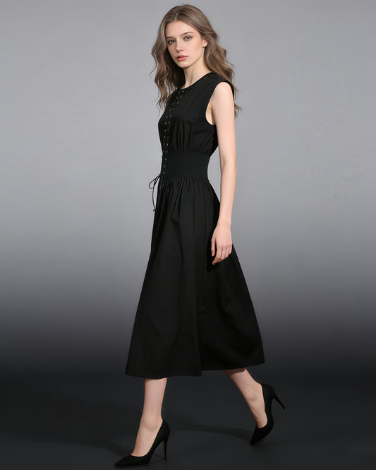 Black Lace-Up Waist Sleeveless Maxi Dress