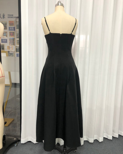 Black Lace Applique Spaghetti Strap Midi Dress