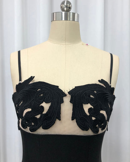 Black Lace Applique Spaghetti Strap Midi Dress