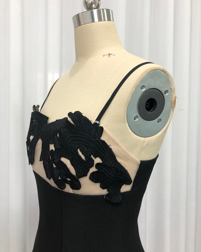 Black Lace Applique Spaghetti Strap Midi Dress