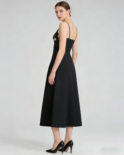 Black Lace Applique Spaghetti Strap Midi Dress