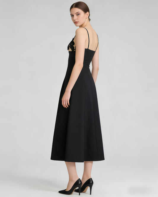 Black Lace Applique Spaghetti Strap Midi Dress