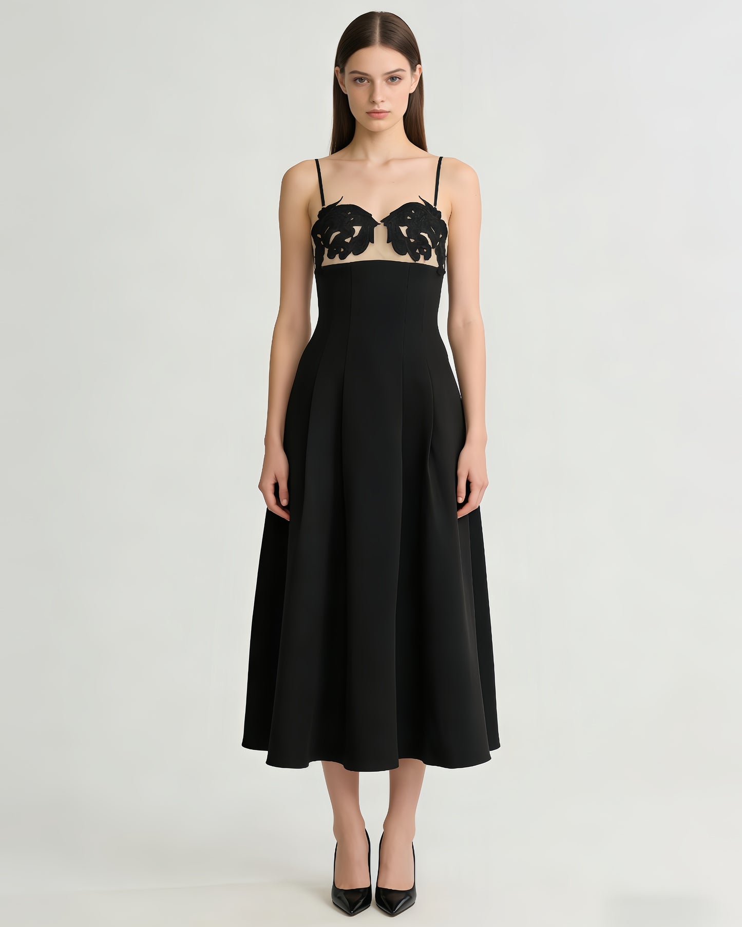 Black Lace Applique Spaghetti Strap Midi Dress