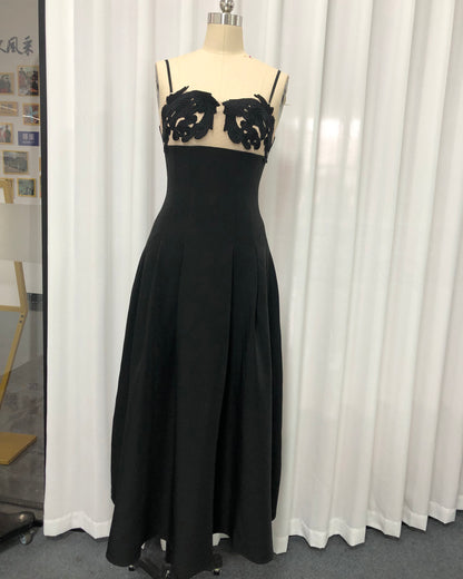 Black Lace Applique Spaghetti Strap Midi Dress
