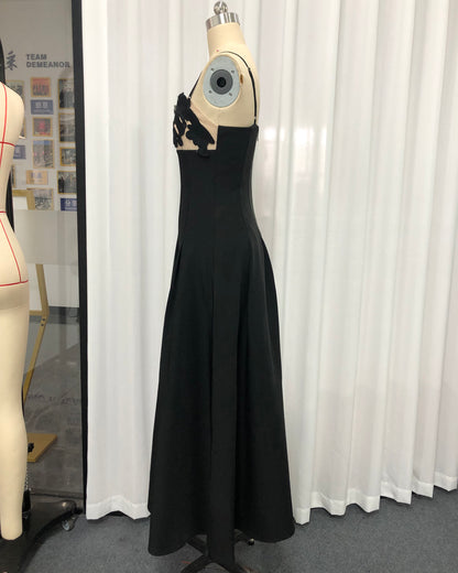 Black Lace Applique Spaghetti Strap Midi Dress