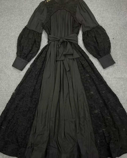 Black Lace Beaded Belted Maxi Dress