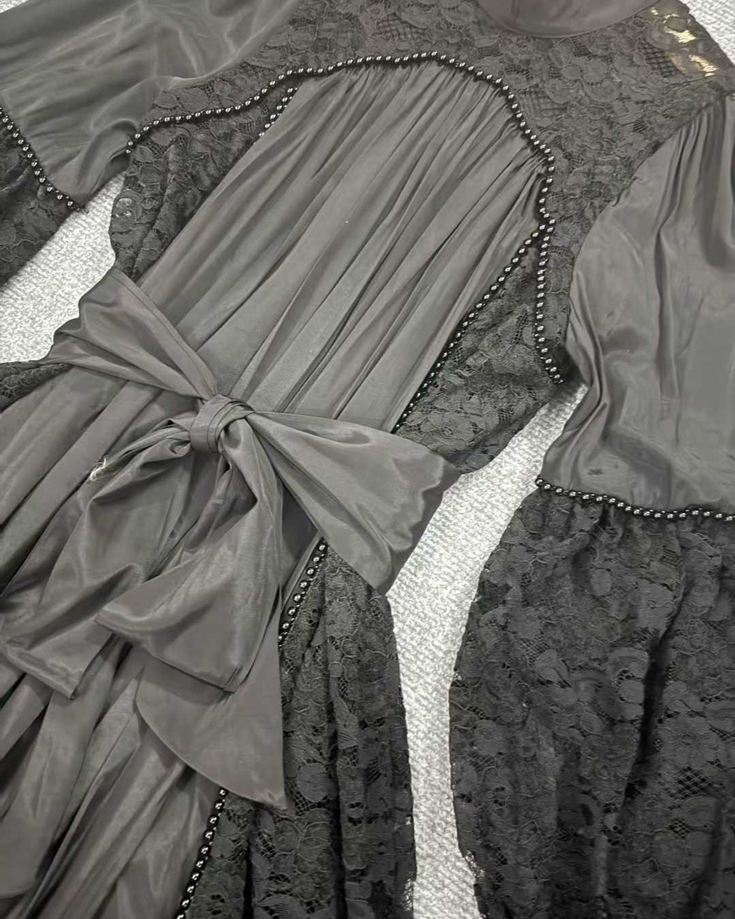 Black Lace Beaded Belted Maxi Dress