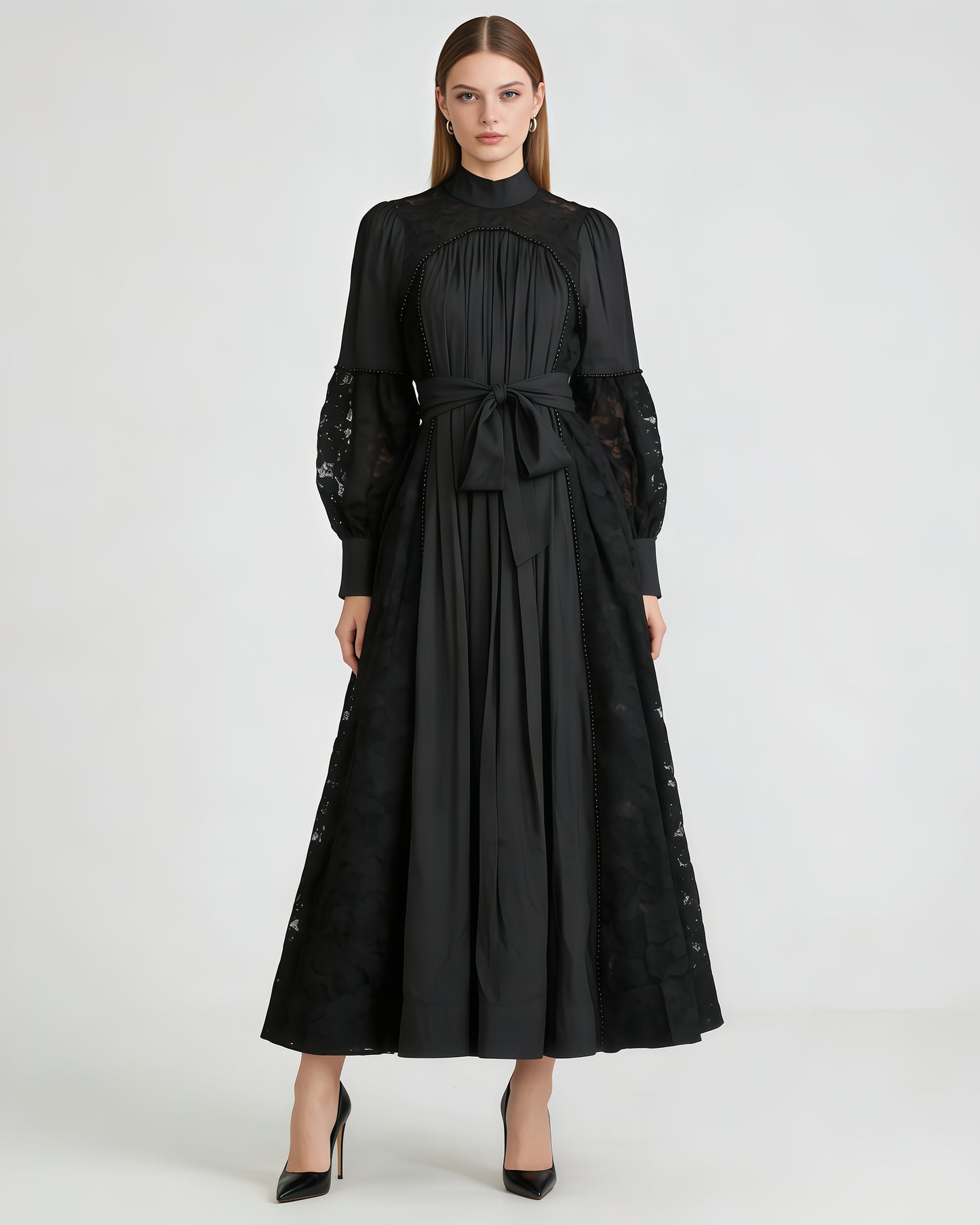 Black Lace Beaded Belted Maxi Dress