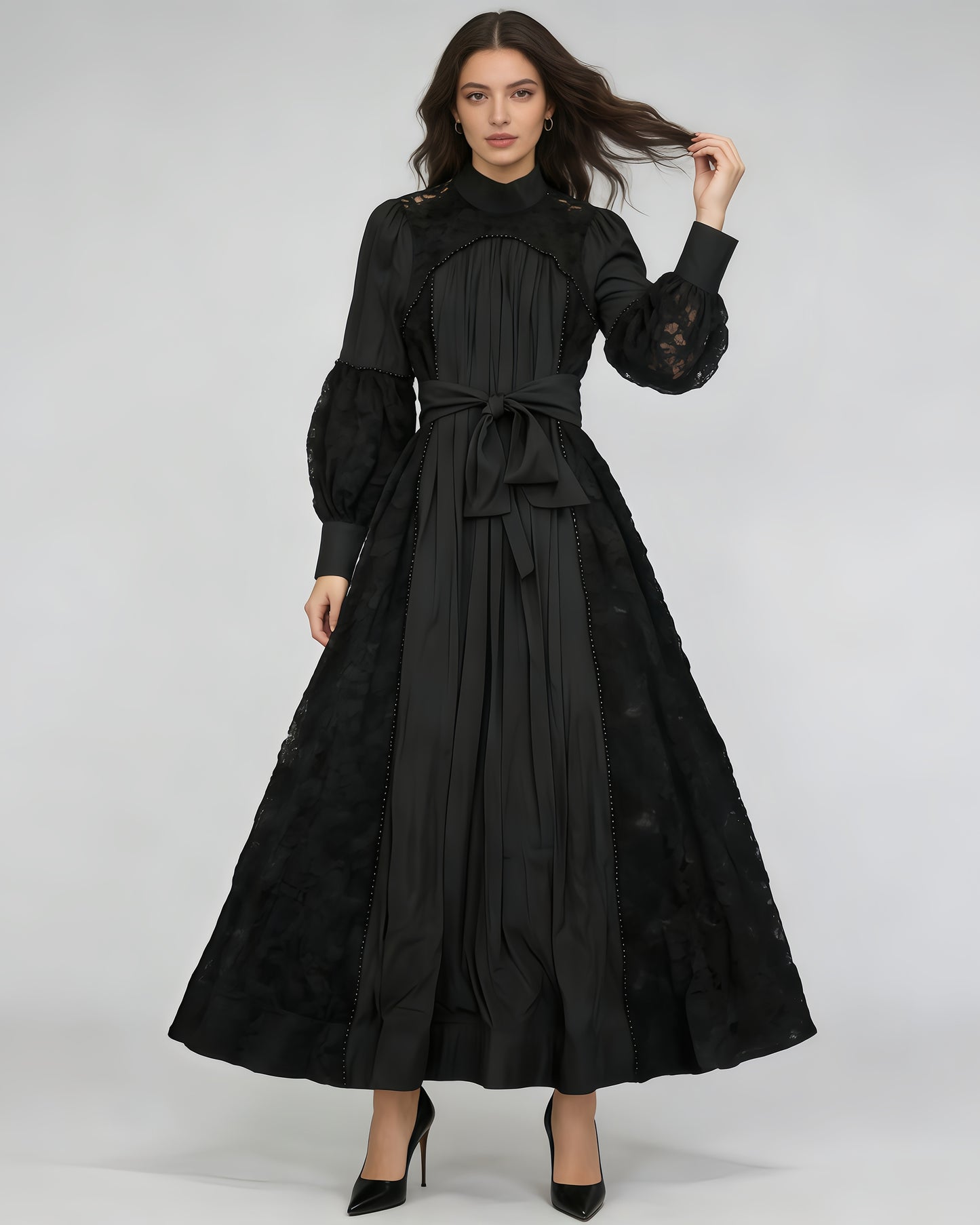 Black Lace Beaded Belted Maxi Dress