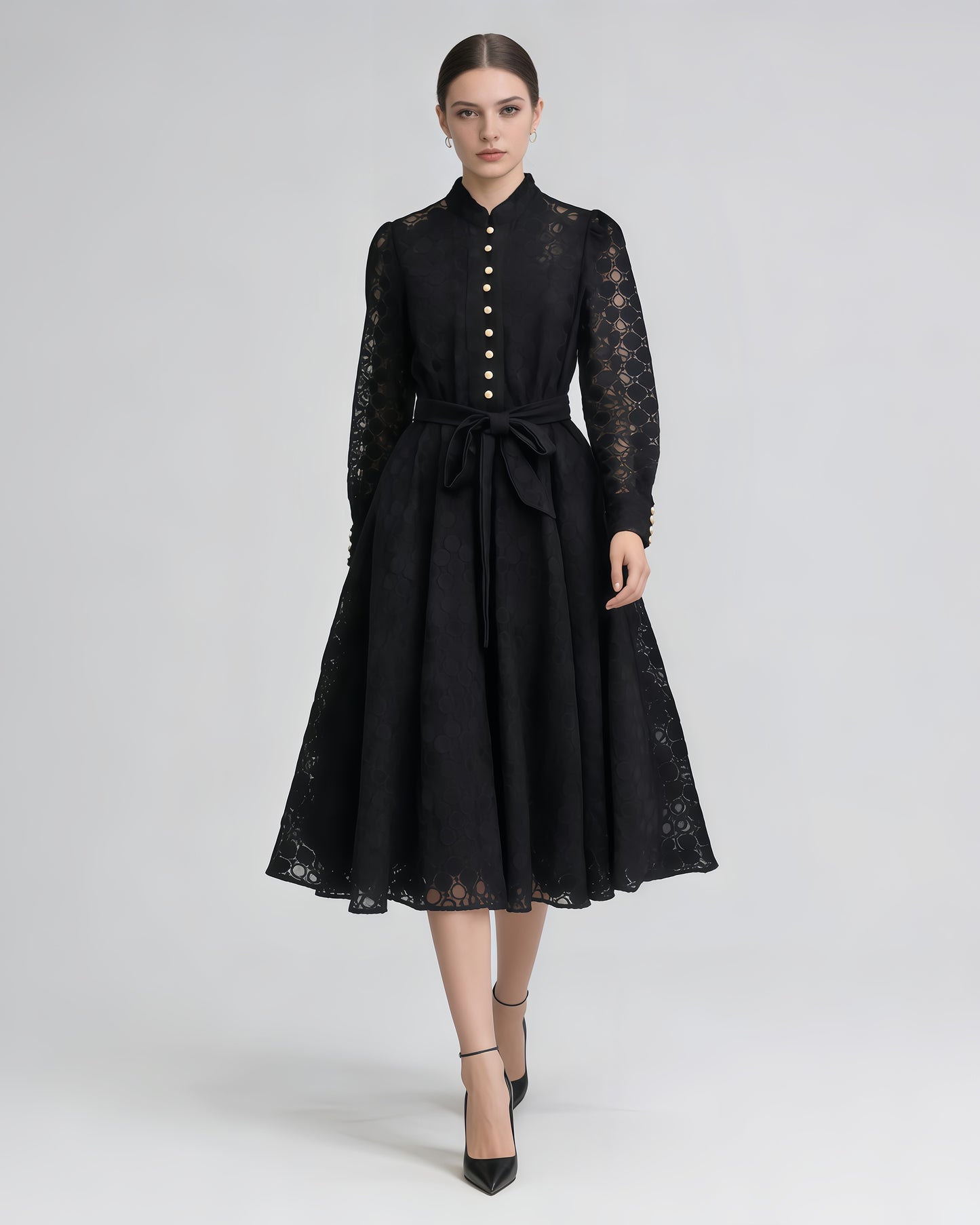 Black Lace Belted Midi Dress