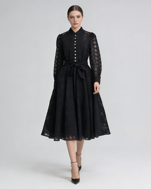 Black Lace Belted Midi Dress