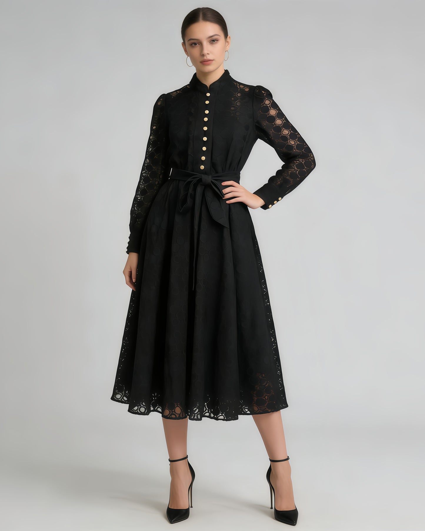 Black Lace Belted Midi Dress