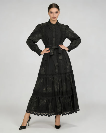 Black Lace Belted Tiered Maxi Dress