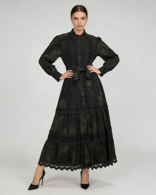 Black Lace Belted Tiered Maxi Dress
