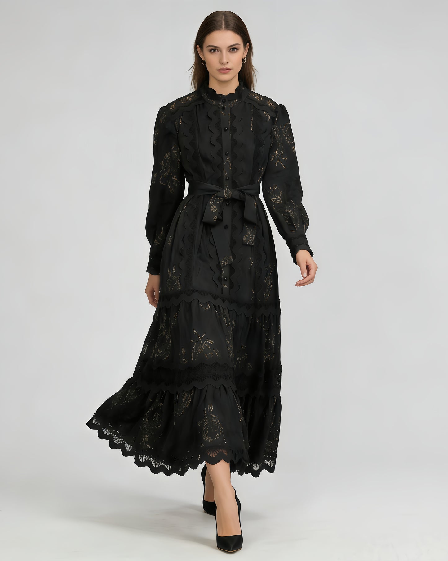 Black Lace Belted Tiered Maxi Dress