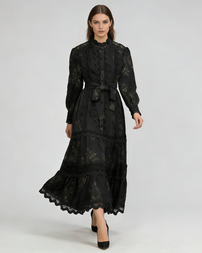 Black Lace Belted Tiered Maxi Dress