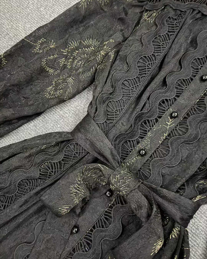 Black Lace Belted Tiered Maxi Dress