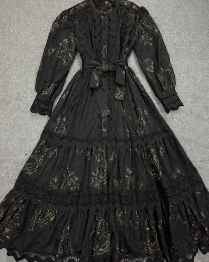 Black Lace Belted Tiered Maxi Dress