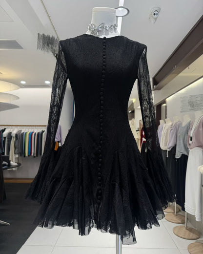 Black Lace Fitted Ruffle Mini Dress