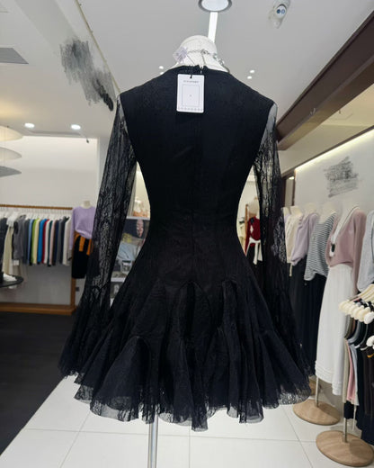 Black Lace Fitted Ruffle Mini Dress