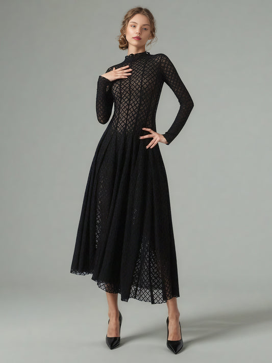 Black Lace Maxi Dress with Long Sleeve & Sheer Design