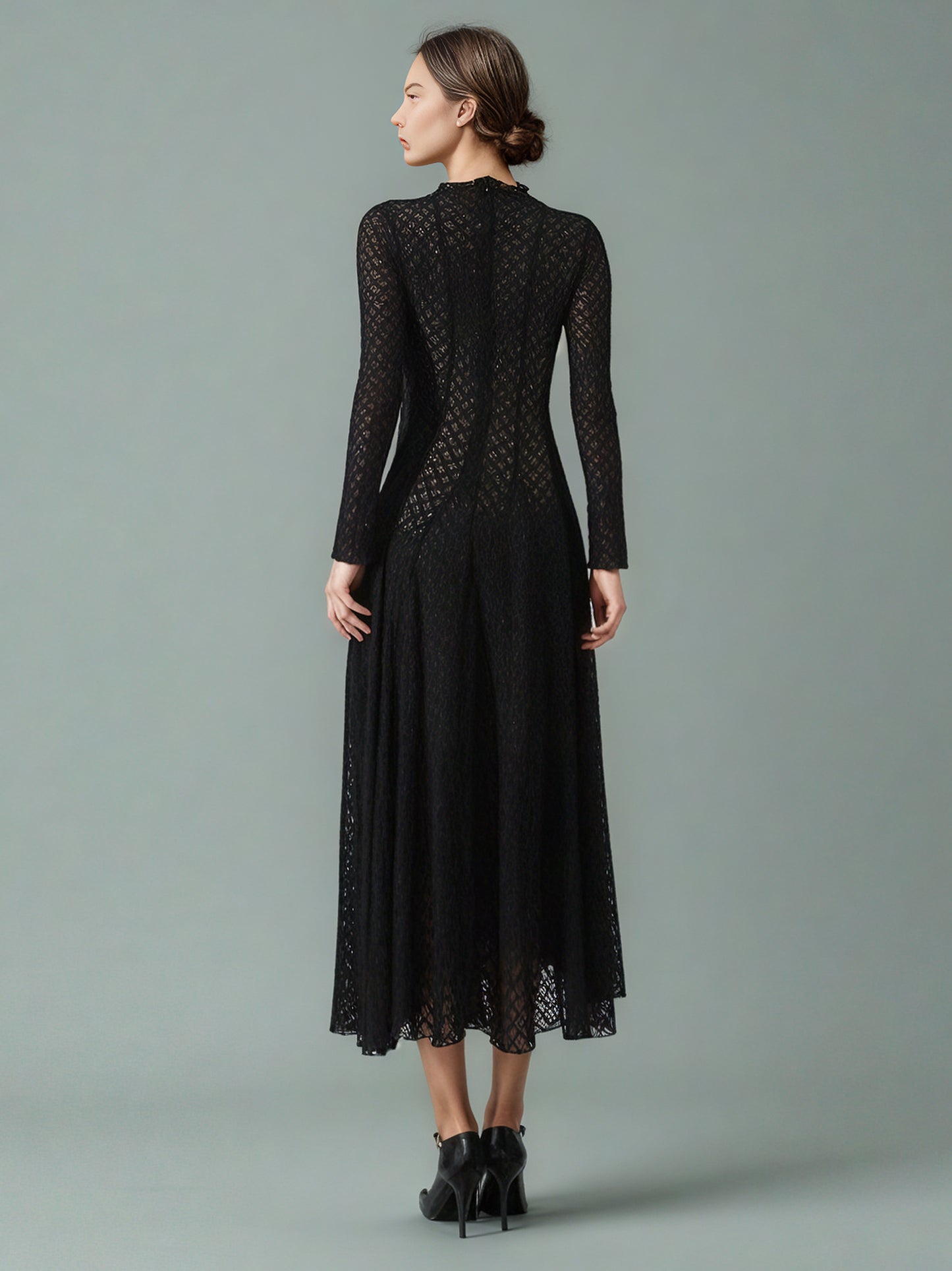 Black Lace Maxi Dress with Long Sleeve & Sheer Design